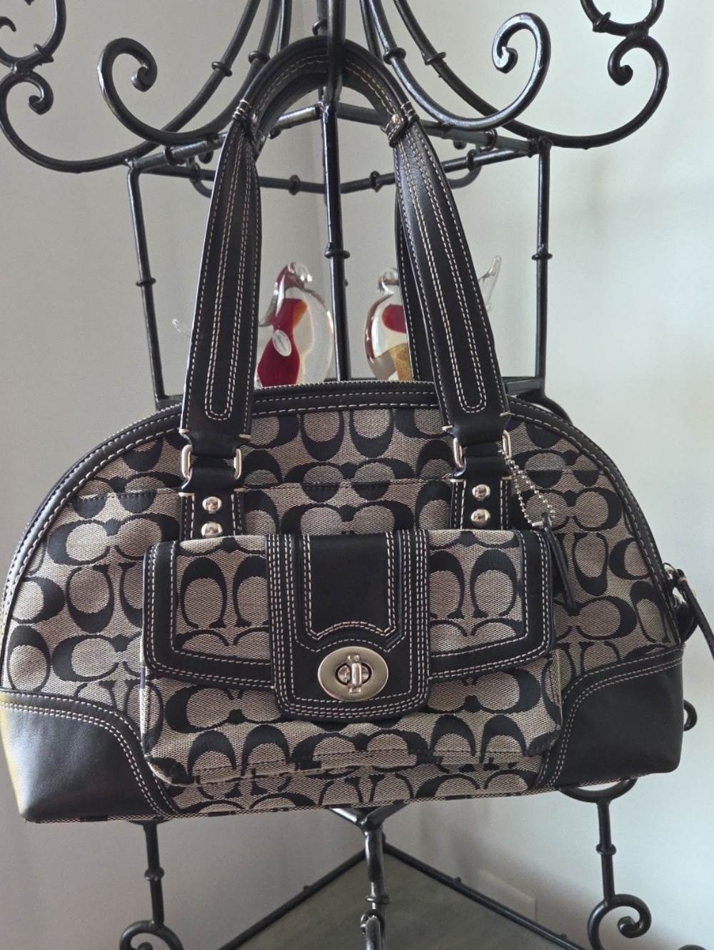 Coach Black and Tan Signature Dome Satchel Turnlock Purse Canvas Leather